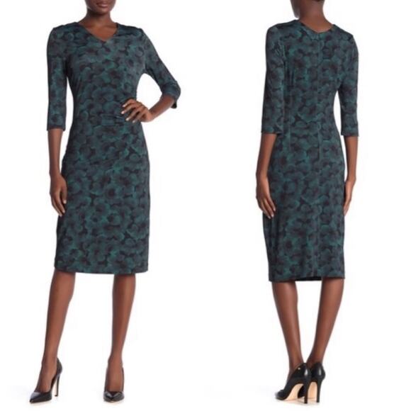 BOSS Hugo Boss Epona V-Neck Sheath Midi Dress Printed Green Fantasy Medium NWT - Picture 1 of 9